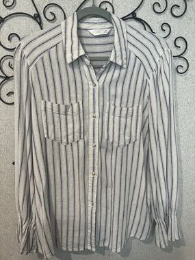 LC Lauren Conrad White Button-Down Shirt with Brown Stripes